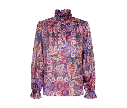 Barevná halenka Seidensticker s paisley vzorem, volánkovým límcem a manžetami.