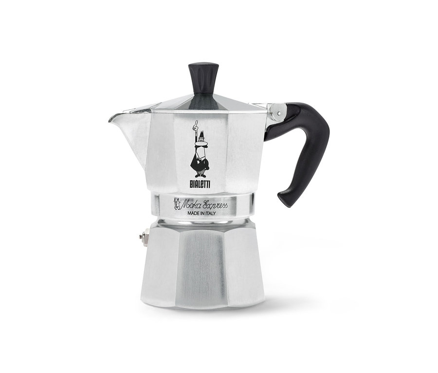 Stříbrný kávovar Bialetti Moka Express, 130 ml, s černou rukojetí a knoflíkem, na bílém pozadí.