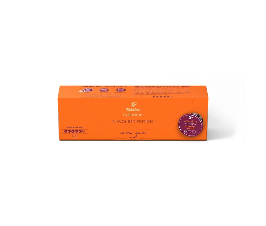 Oranžové balení Cafissimo Flavoured Espresso Pumpkin Spiced s 10 kapslemi a intenzitou 5 z 6.
