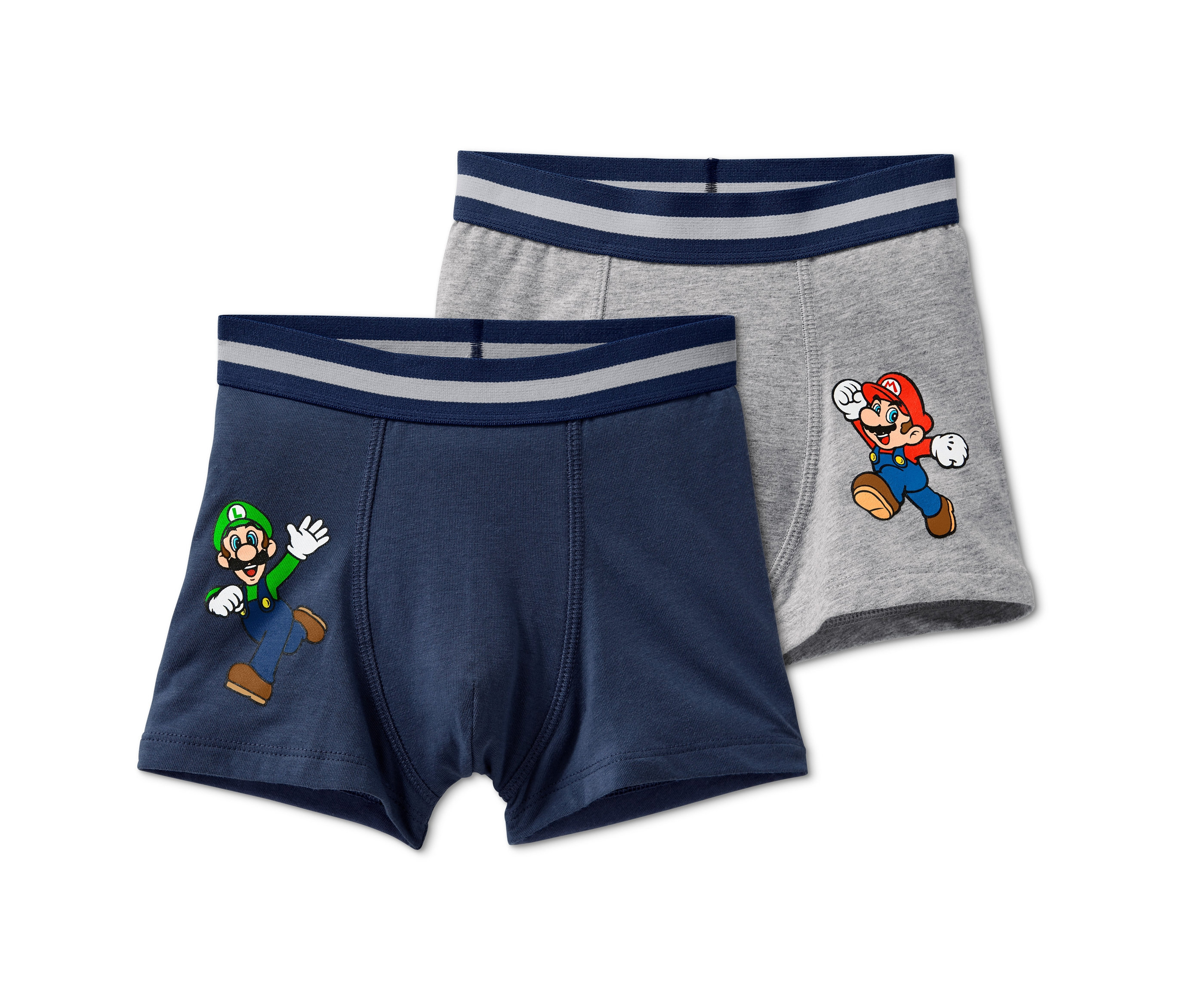 Dvoje boxerky Super Mario: jedny tmavě modré s obrázkem Luigiho, druhé šedé s obrázkem Maria.