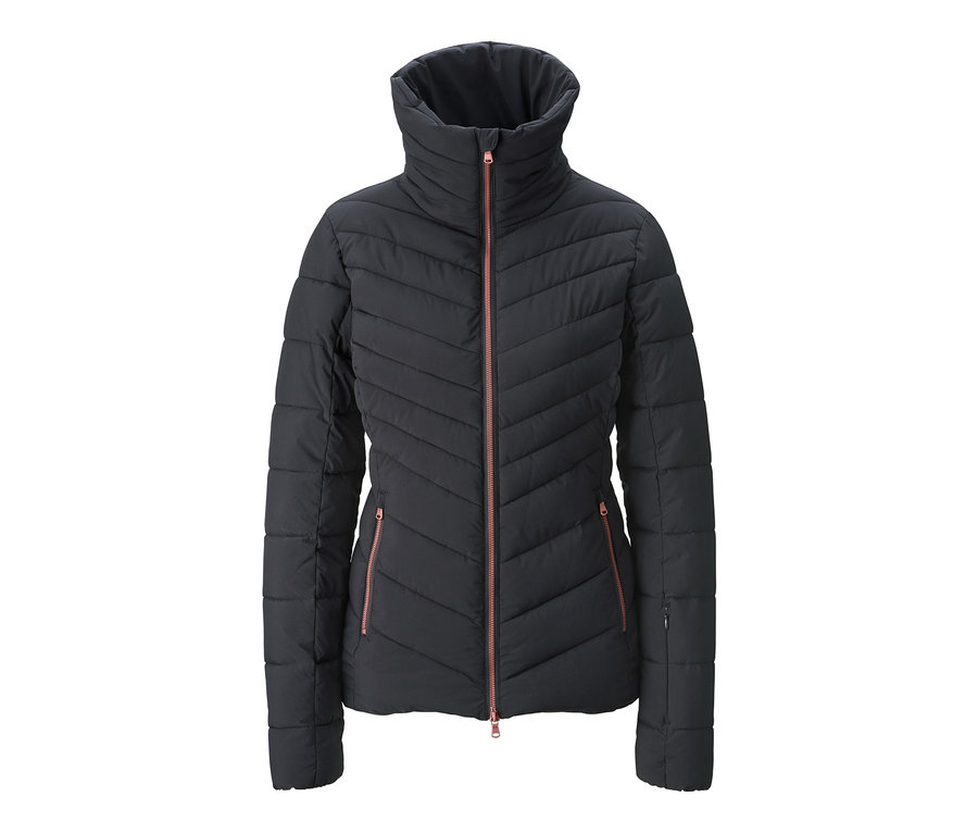 Černá prošívaná lyžařská bunda s růžovými zipy.