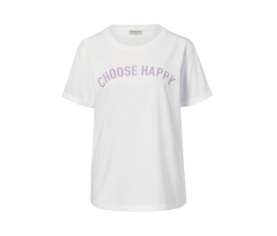 Bílé tričko z biobavlny s fialovým nápisem "choose happy".