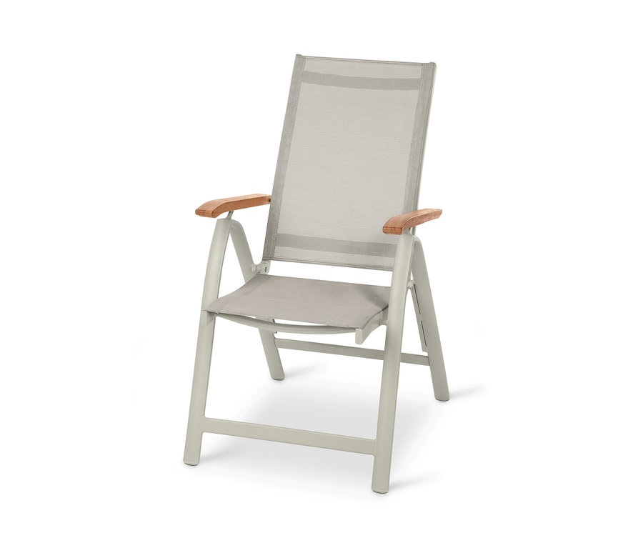 Skládací židle s vysokým opěradlem »Liska« s nastavitelnou opěrkou zad z kombinace hliníku a textilu.