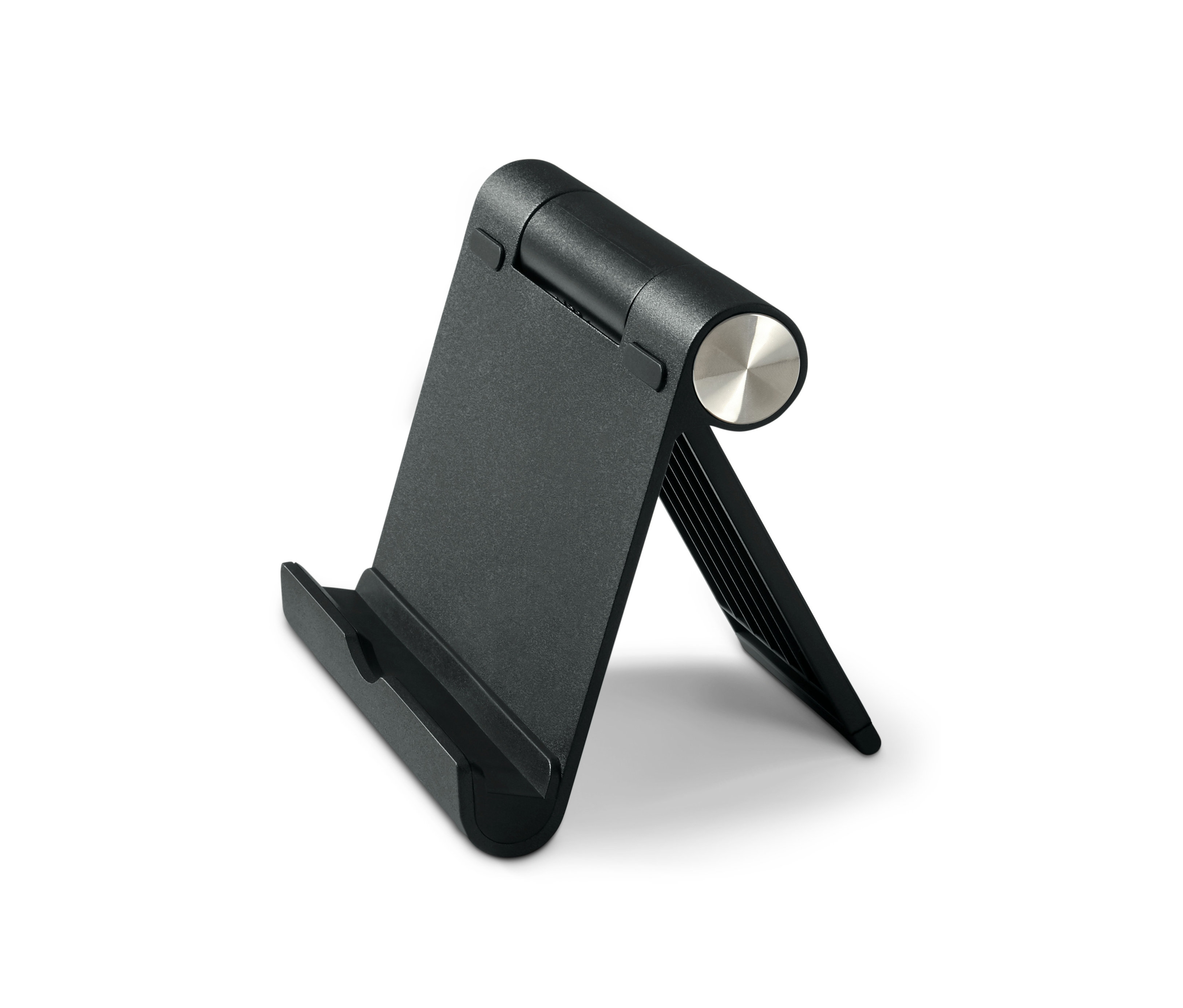 Černý stojan na smartphone a tablet na bílém pozadí.