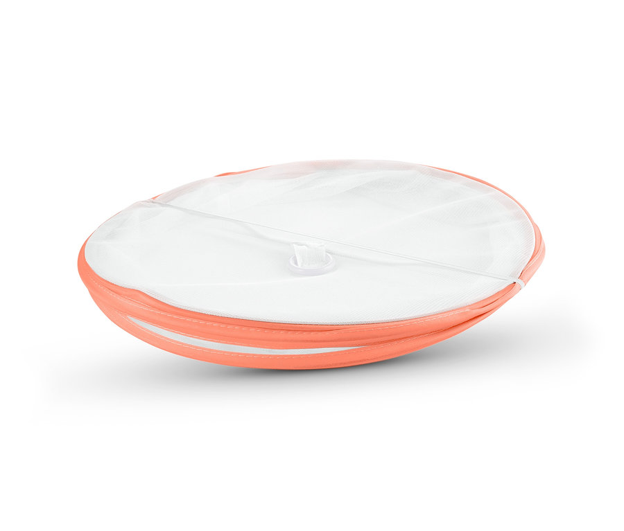 Skládací kryt na jídlo v korálové barvě se sítí na potraviny.