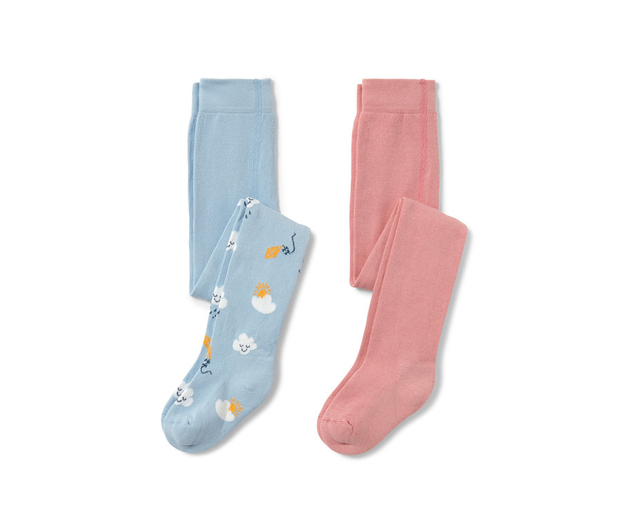 Dvoje dětské punčocháče: jedny světle modré s potiskem mráčků, slunce a draka, druhé růžové.