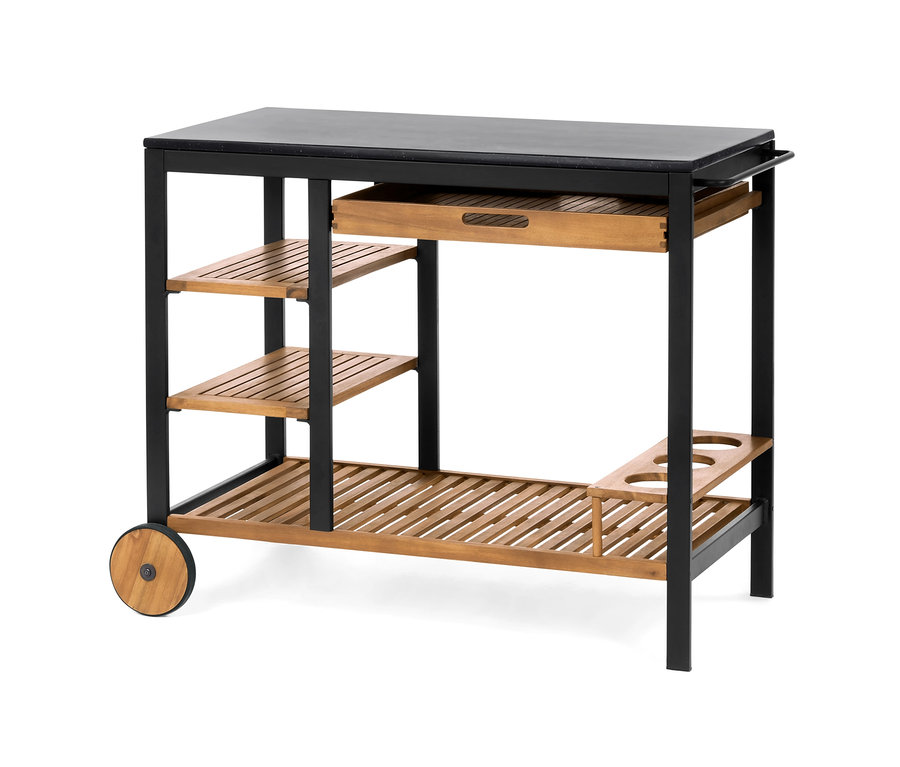 Grilovací vozík »Elin« se zásuvkou a betonovou pracovní deskou, s dřevěnými policemi a černým rámem.