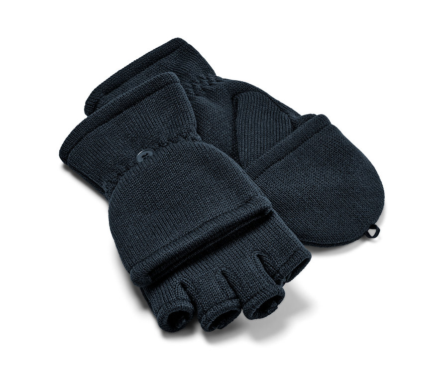 Dvoje dětské odklápěcí palčáky z pleteného fleecu.