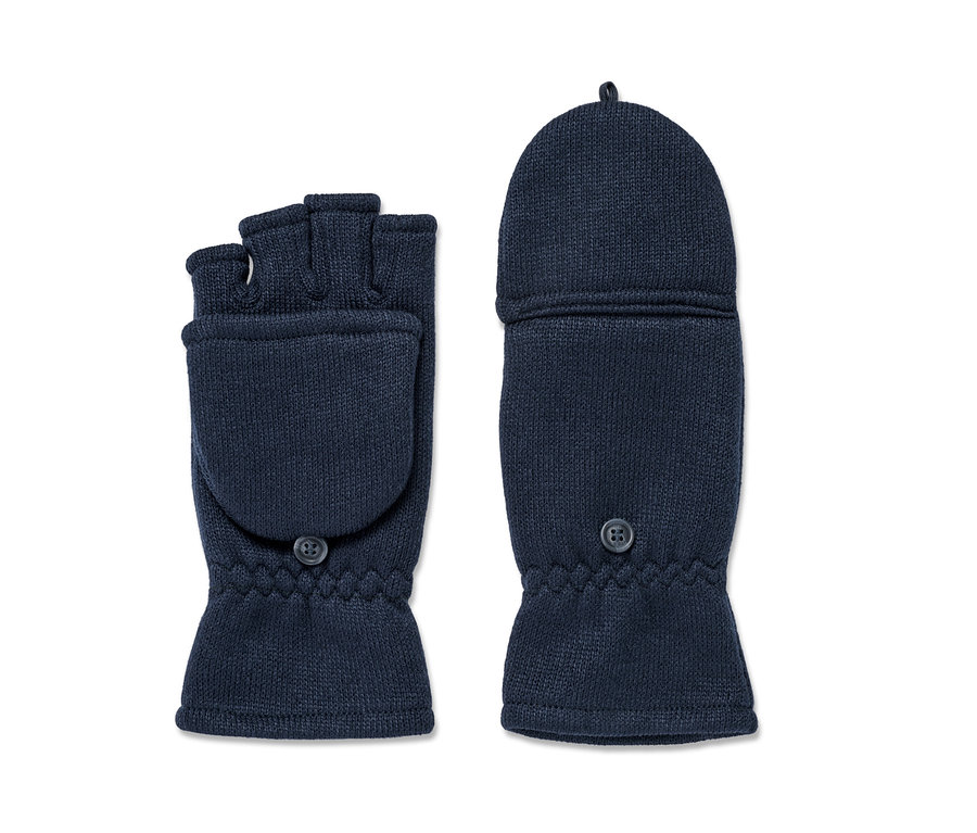 Dvoje dětské odklápěcí rukavice z pleteného fleecu v tmavě modré barvě, jedny s odklopenou horní částí.