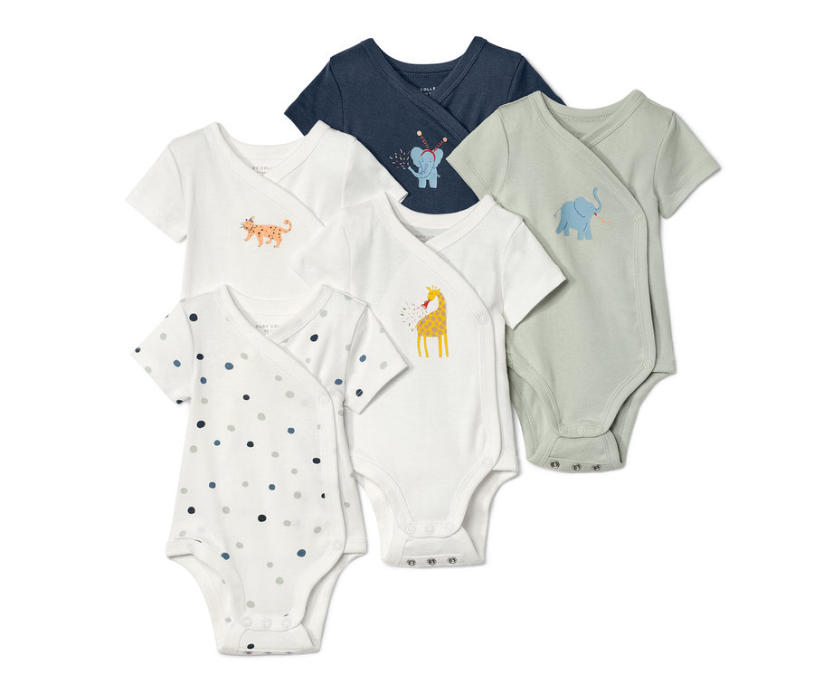 Pět rostoucích body pro miminka s krátkým rukávem v bílé, modré a zelené barvě s potiskem zvířat.