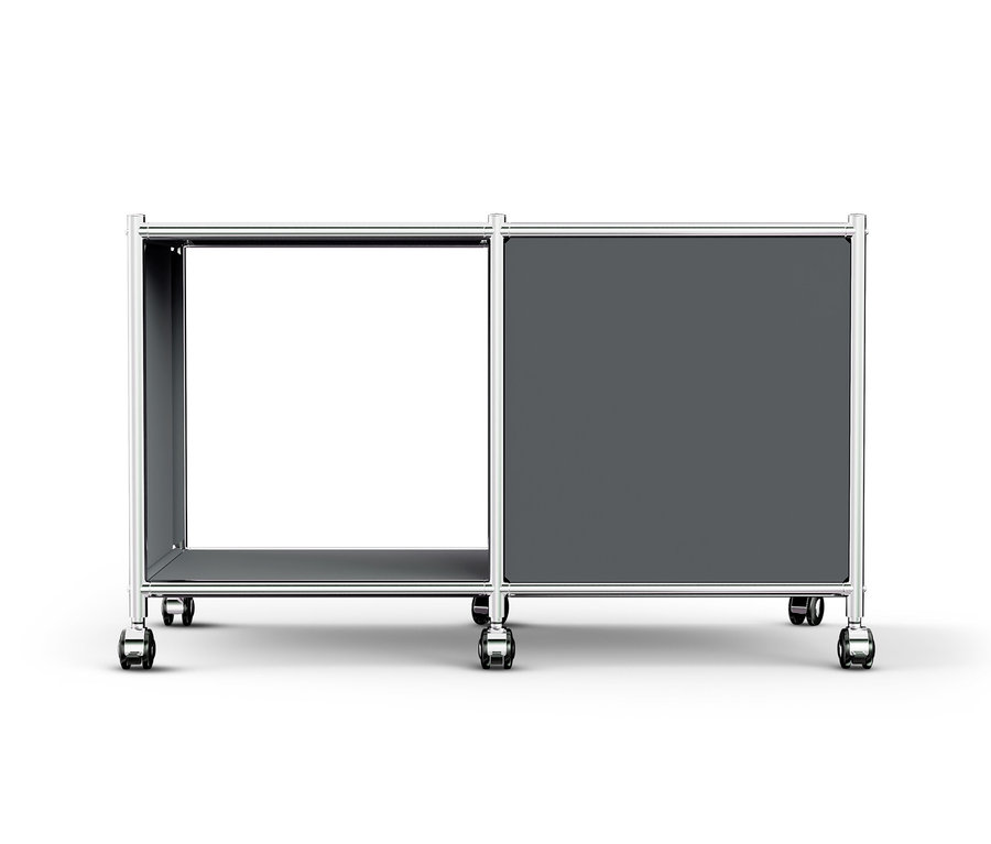 Šedý kovový odkládací stolek »CN3« s výklopnými dvířky a kolečky.