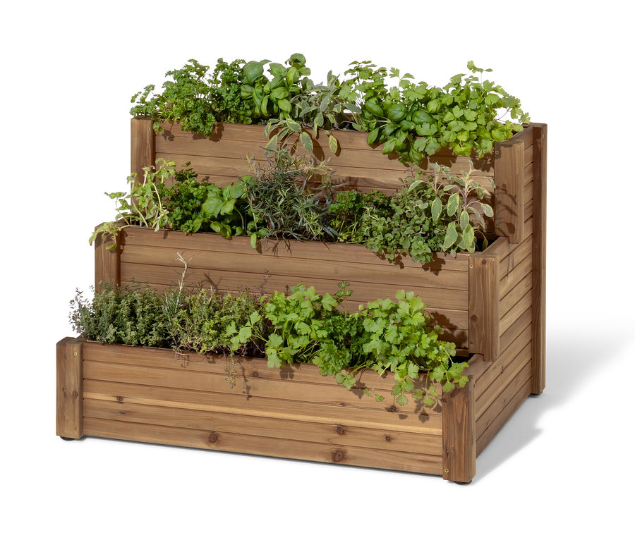 Tříúrovňový vyvýšený truhlík »Tinus« s bylinkami.