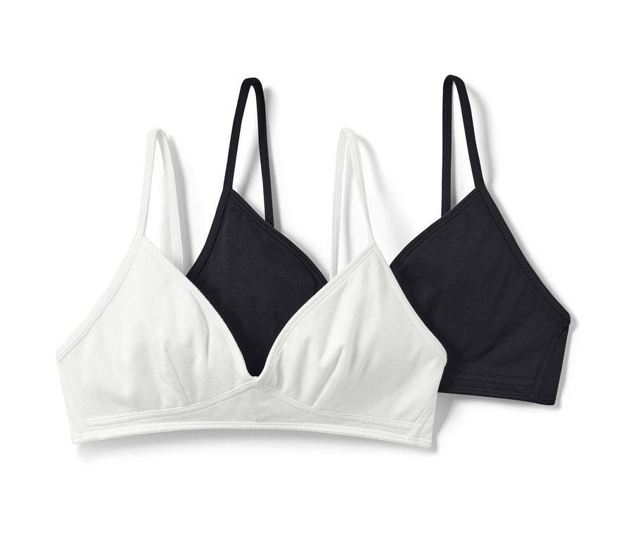 Dívčí trojúhelníková podprsenka 2 ks, jedna bílá a jedna černá.