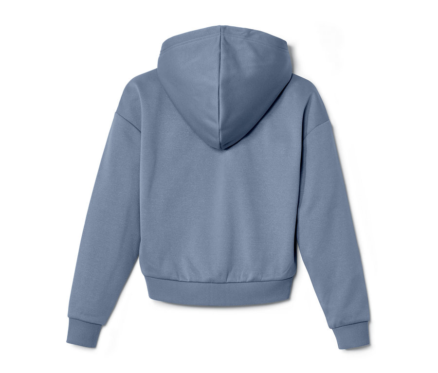 Modrá dětská sportovní bunda s kapucí zezadu.