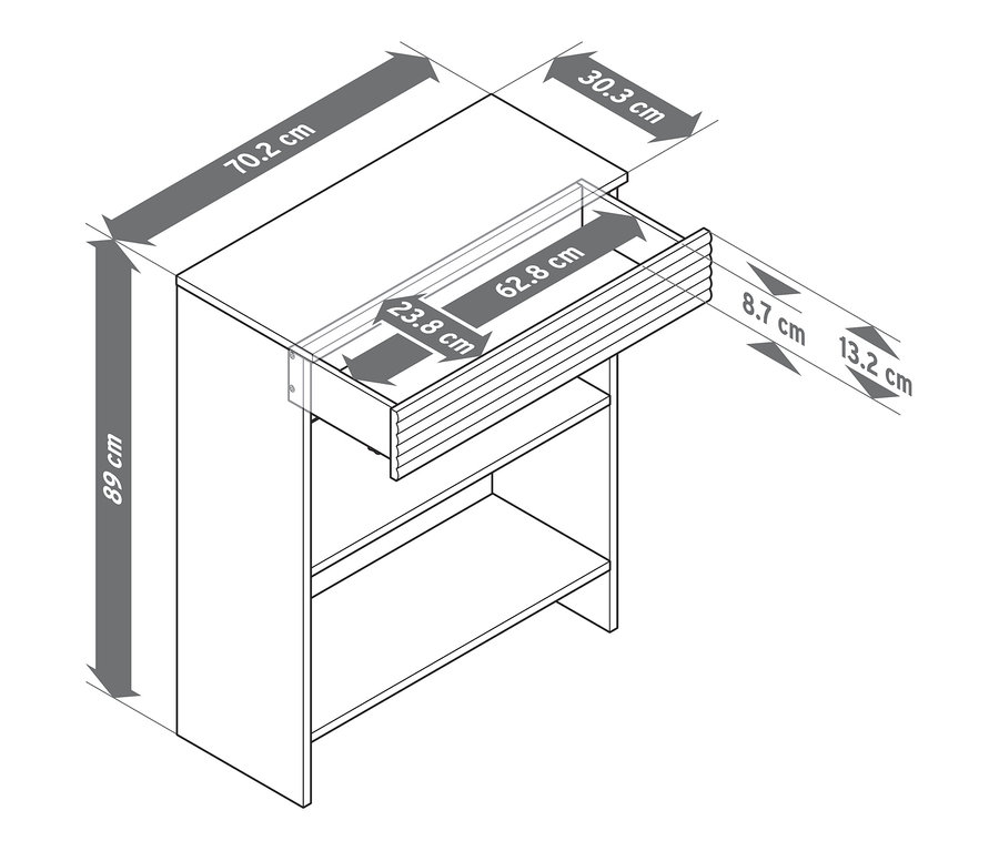 Obrázek konzolové skříňky se zásuvkou s vyznačenými rozměry.