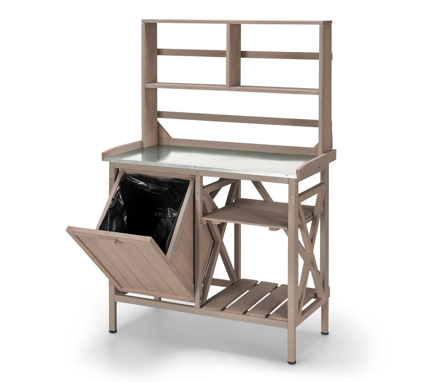 Zahradnický stůl »Jonte« s otevřenou nádobou na odpad a policí.