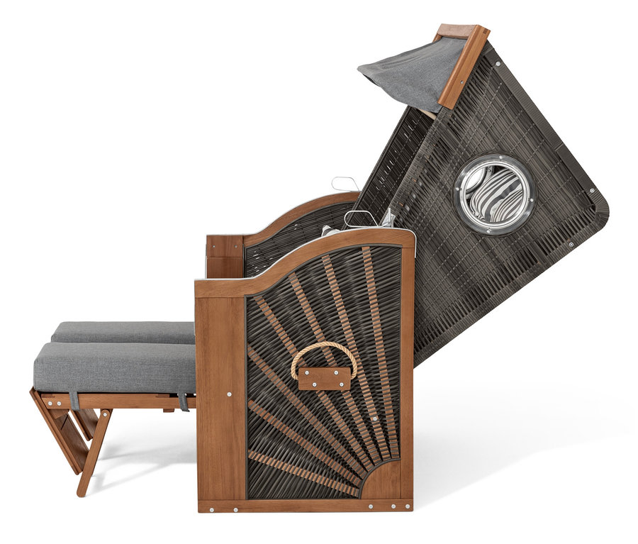 Detailní pohled z boku na plážový koš Premium XL s 2 výklopnými stolky.