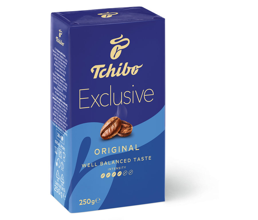 Balení mleté kávy TC Exclusive 250 g v modrém obalu.