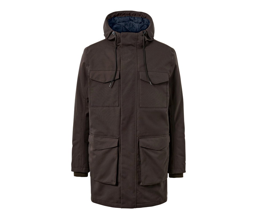 Hnědá parka s kapucí a několika kapsami.