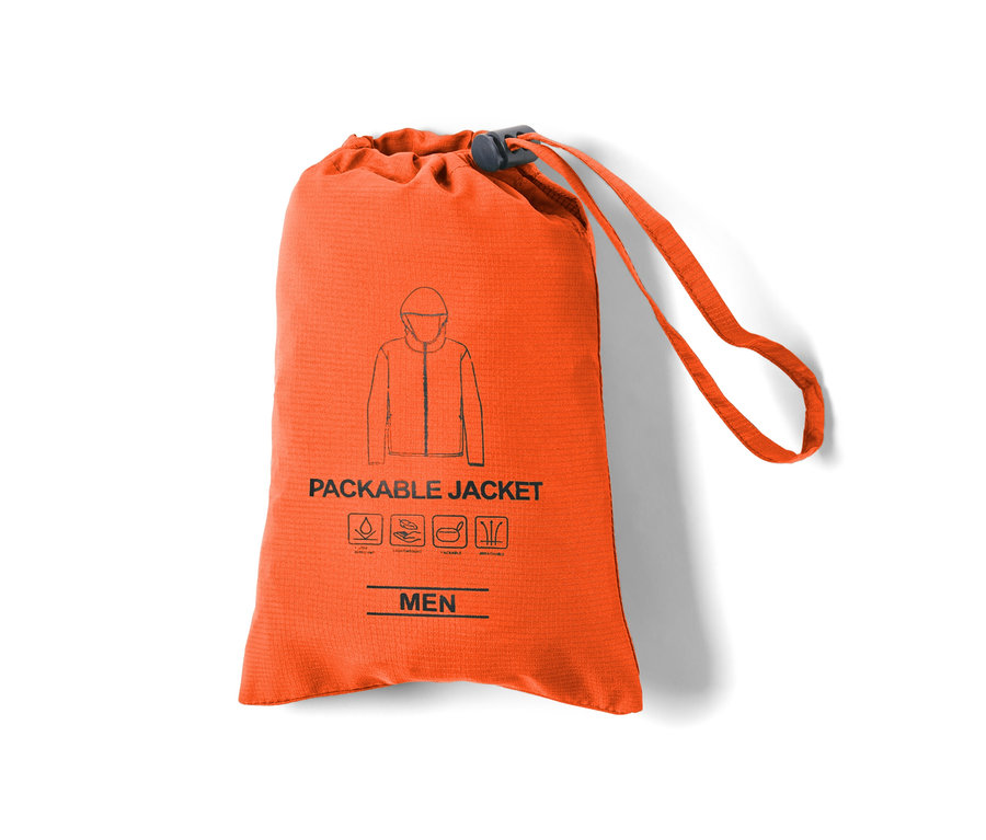 Oranžový stahovací vak s potiskem lehké funkční bundy »packable«.