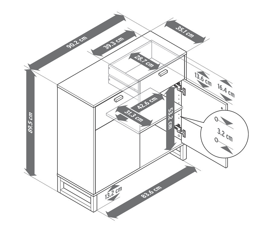 Bílý odkládací skříňka se 2 zásuvkami a 2 dvířky s vyznačenými rozměry.