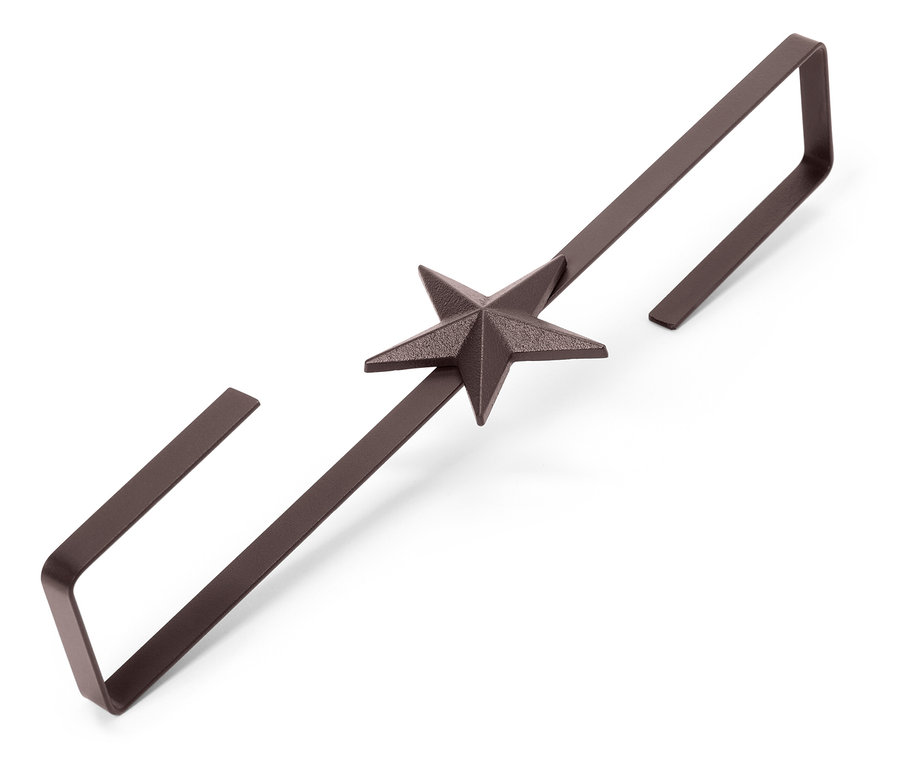 Hnědý kovový držák s hvězdou uprostřed na bílém pozadí.