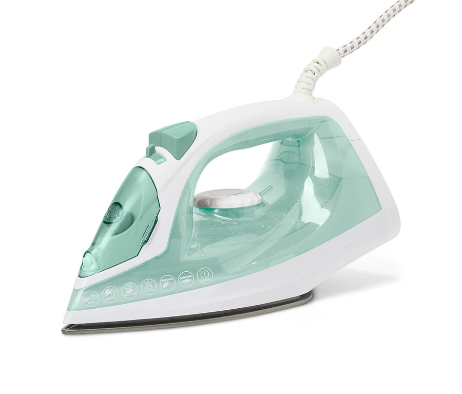 Bílá a světle zelená napařovací žehlička.