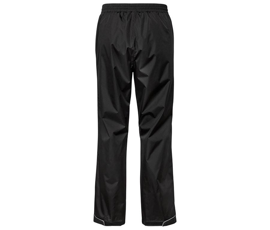 Černé nepromokavé kalhoty se stahovací šňůrkou v pase a reflexními prvky na spodním lemu.