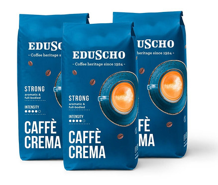Tři balení Eduscho Caffè Crema Strong zrnkové kávy.