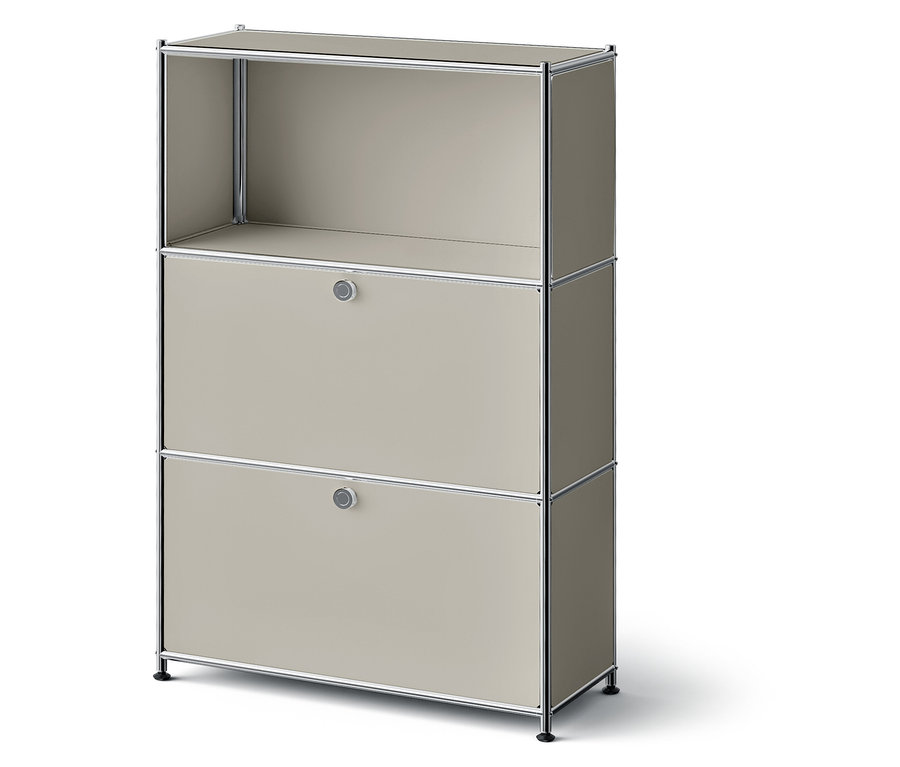 Béžová skříňka se dvěma zásuvkami a otevřenou horní přihrádkou.