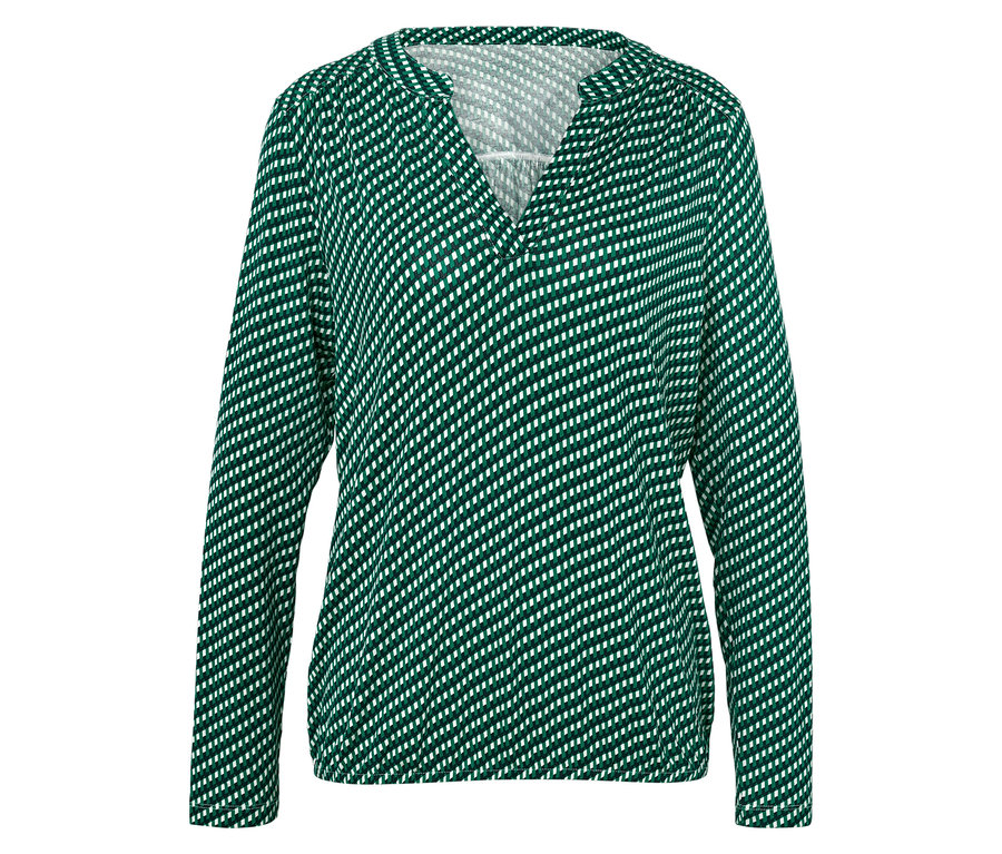 Dámská halenka s dlouhými rukávy, zelená s bílým vzorem.