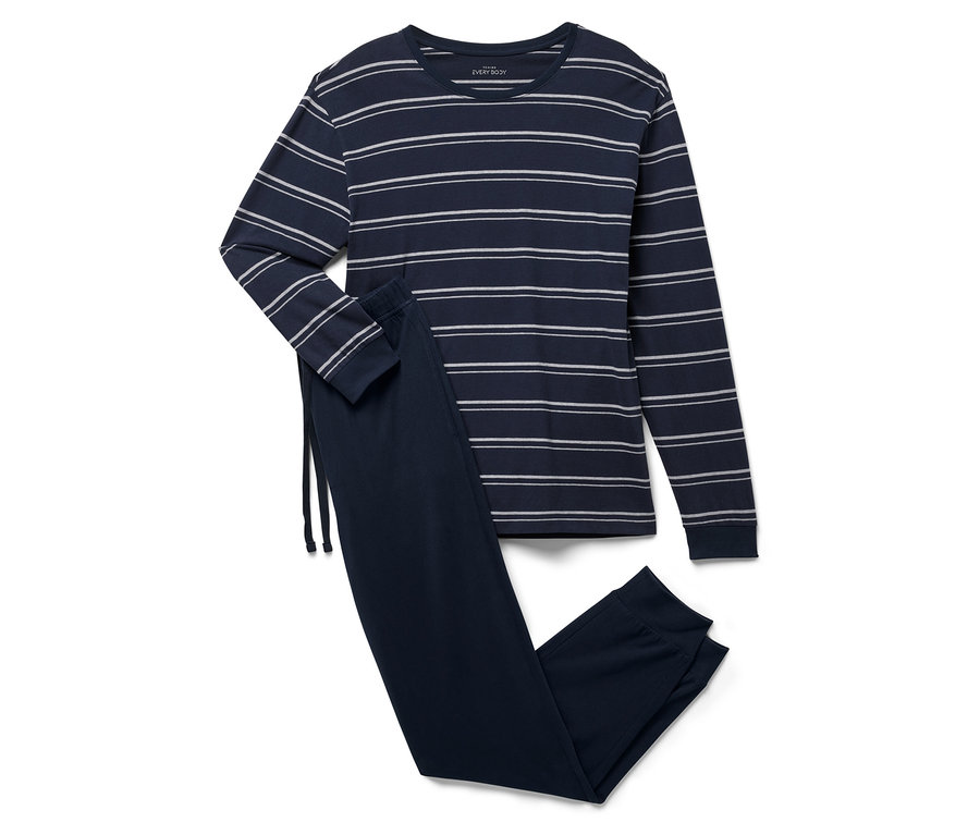 Modré pruhované pyžamo s dlouhým rukávem a kalhotami.