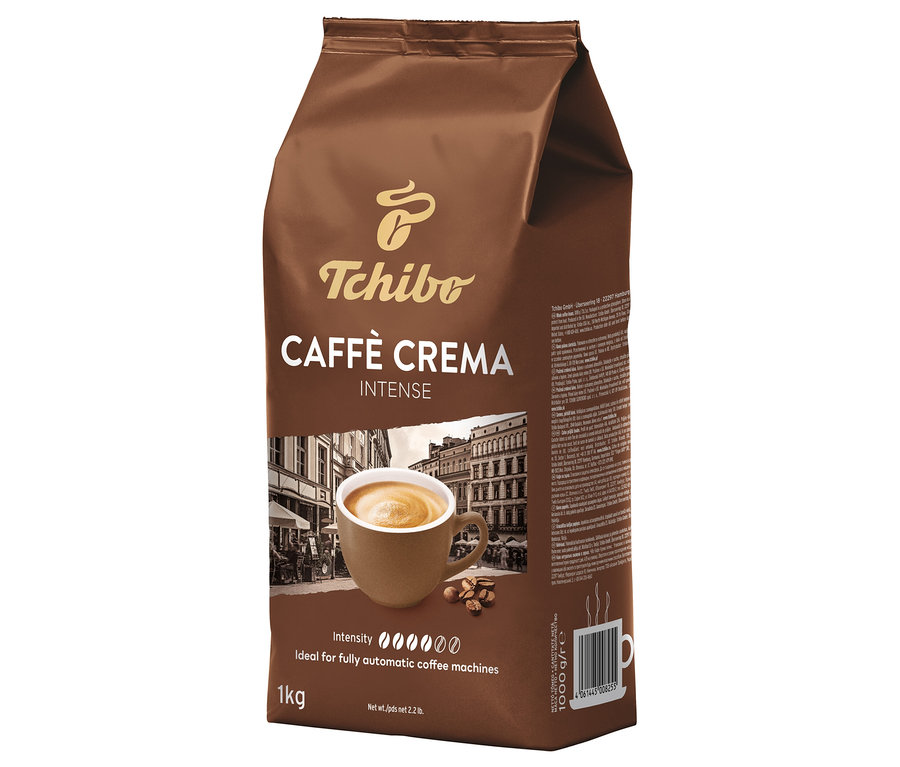 Hnědý balíček zrnkové kávy Caffè Crema Intense od Tchibo o hmotnosti 1 kg.