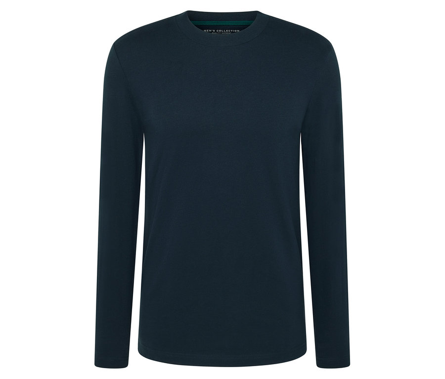 Tmavě modré tričko s dlouhým rukávem na bílém pozadí.