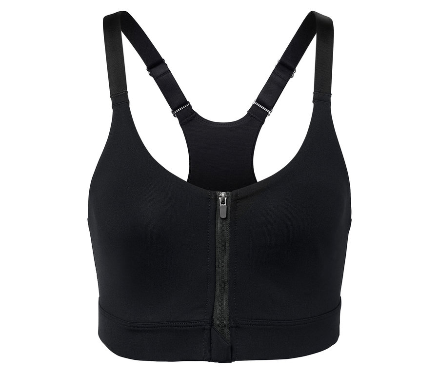 Černá sportovní podprsenka se zipem uprostřed.