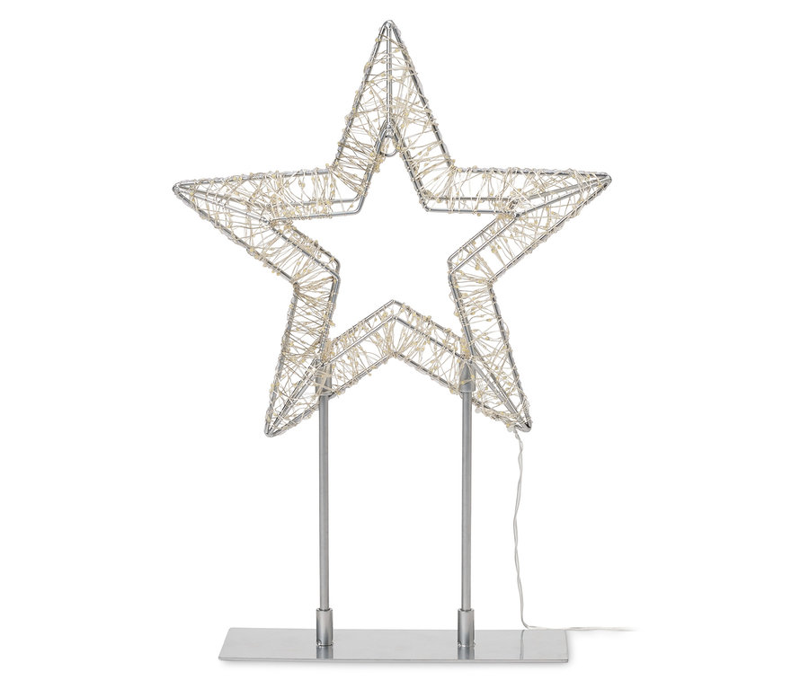 Stříbrná drátěná hvězda s LED světýlky na stříbrném podstavci.