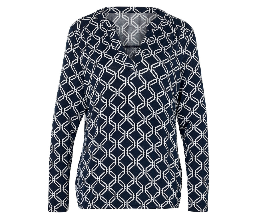 Dámská halenka s dlouhým rukávem, tmavě modrá s bílým geometrickým vzorem.