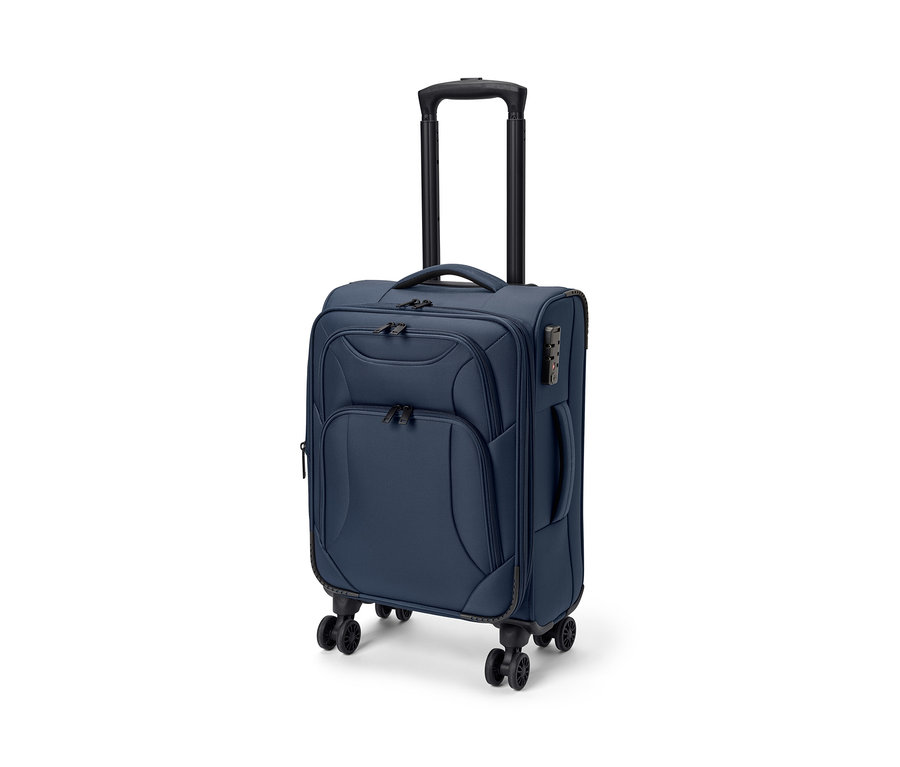 Modrý textilní kufr, malý, s černou teleskopickou rukojetí a kolečky.