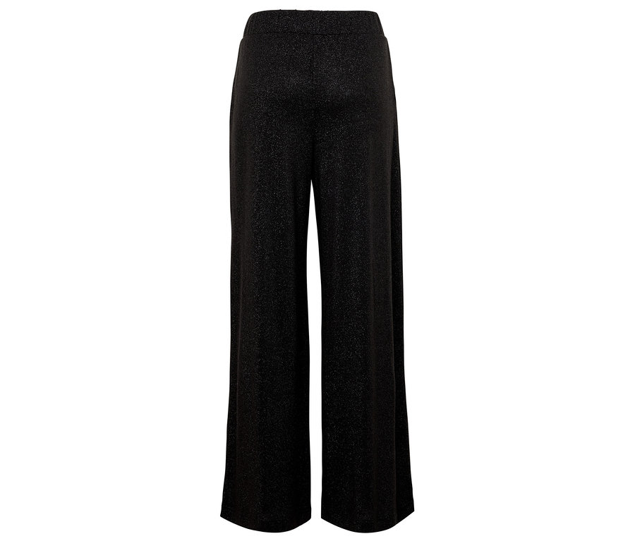 Černé široké kalhoty s třpytivým povrchem.