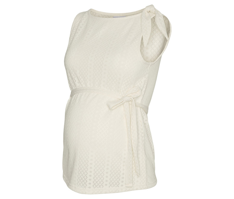 Bílé těhotenské tílko bez rukávů s mašlí na rameni a vázáním pod prsy.