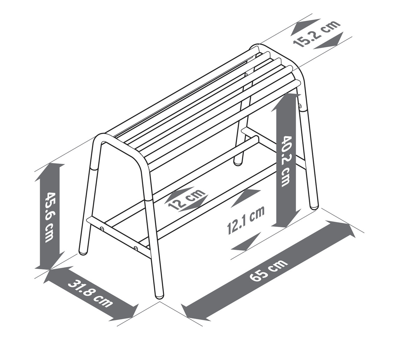 Ilustrace lavice na sezení s odkládací plochou a rozměry.