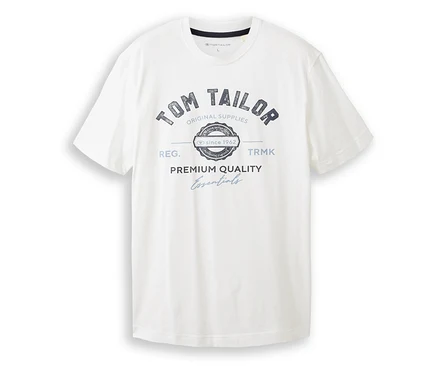 Bílé tričko s logem Tom Tailor s logem značky a nápisem „Premium Quality Essentials“.
