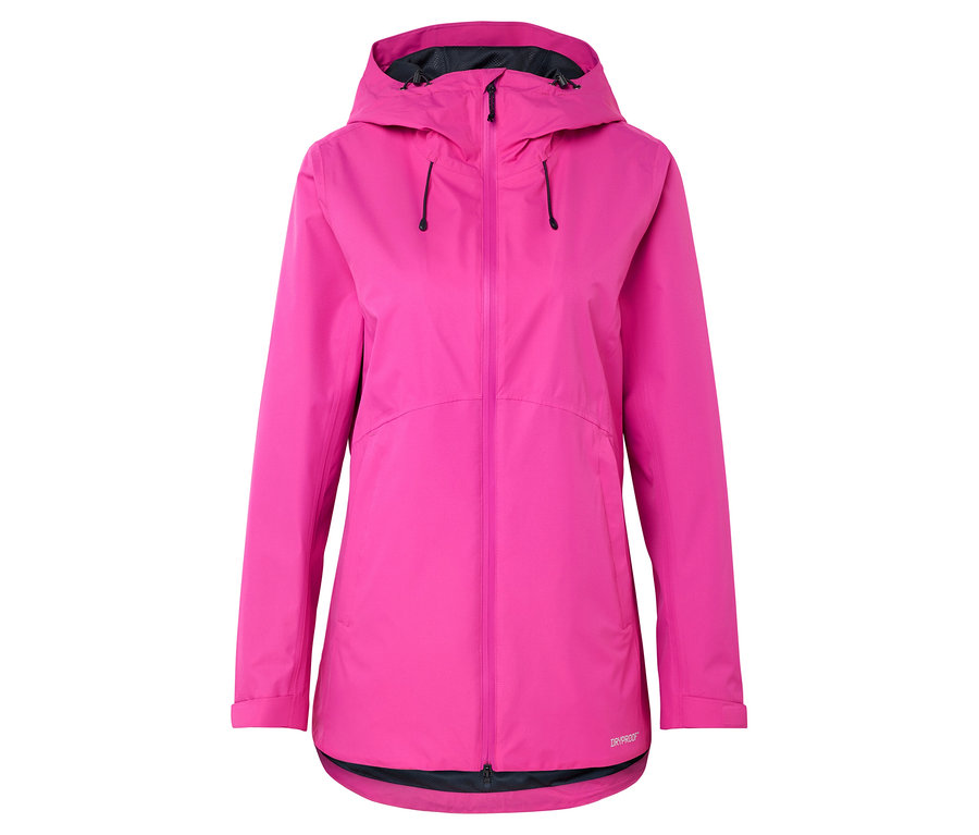 Růžová, dlouhá pláštěnka s kapucí, předním zipem a stahovací šňůrkou.