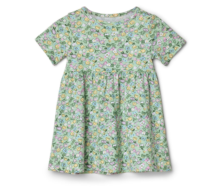 Zelené šaty s krátkým rukávem s květinovým vzorem ve žluté, modré a růžové barvě.