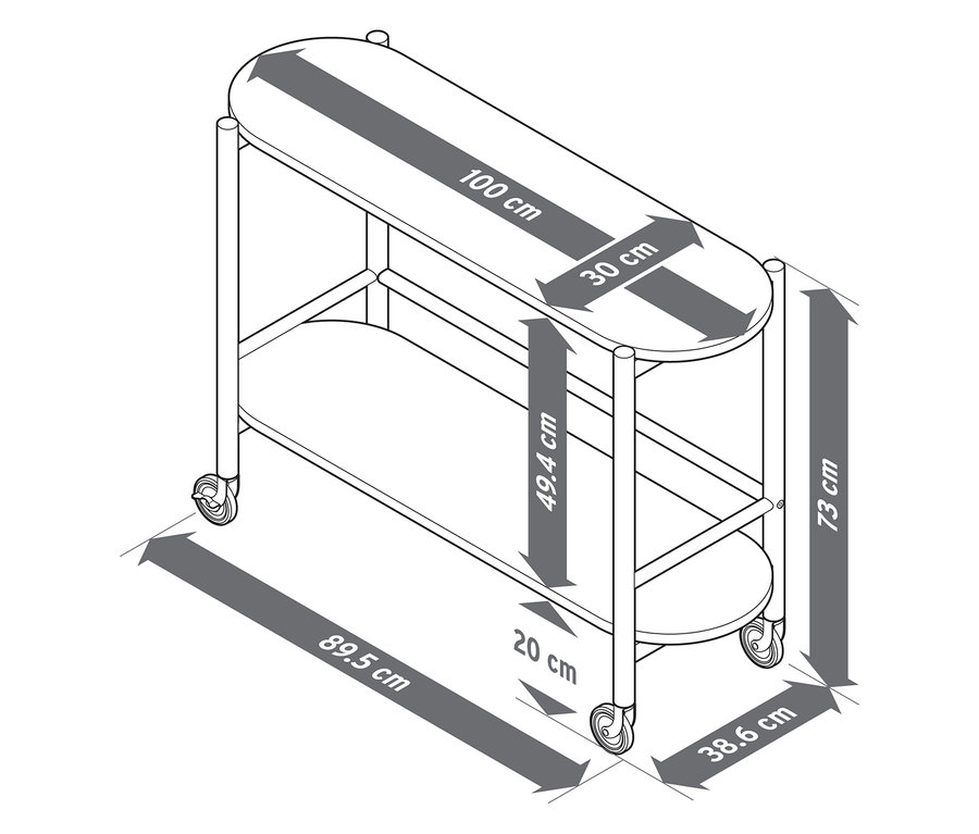 Pohled shora na servírovací vozík s rozměry: deska stolu 100 x 30 cm, rozestup 49,4 cm, spodní police 20 cm, výška 73 cm, plocha základny 89,5 x 38,6 cm.