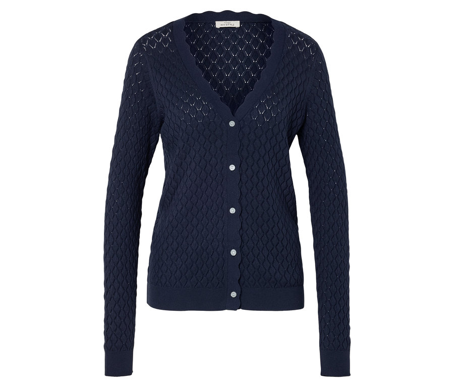 Tmavě modrý pletený kardigan s výstřihem do V a knoflíky.