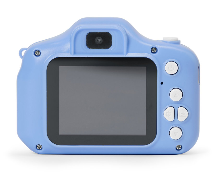 Pohled zezadu na světle modrý dětský fotoaparát s černou obrazovkou a bílými tlačítky na bílém pozadí.