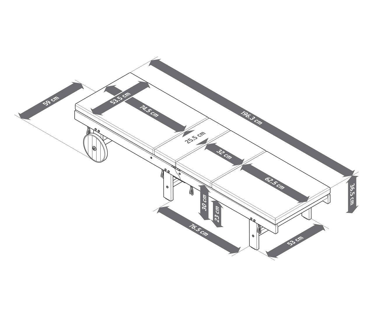 Nákres klasického zahradního lehátka s rozměry.