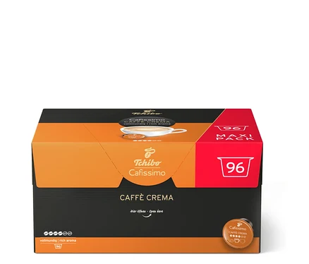 Oranžovo-černá krabice s 96 kávovými kapslemi Tchibo Cafissimo Caffè Crema.