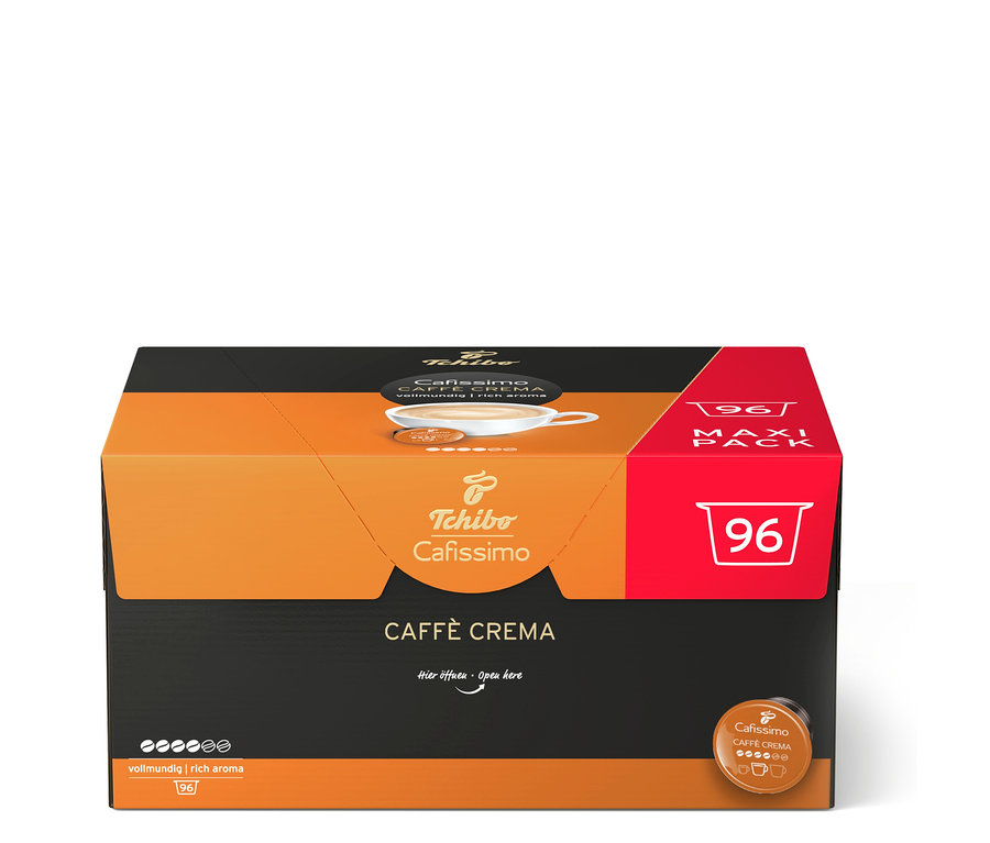Oranžovo-černá krabice s 96 kávovými kapslemi Tchibo Cafissimo Caffè Crema.